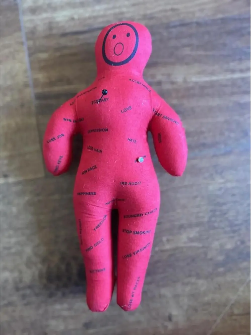 Red Fabric Voodoo Doll with Printed Words